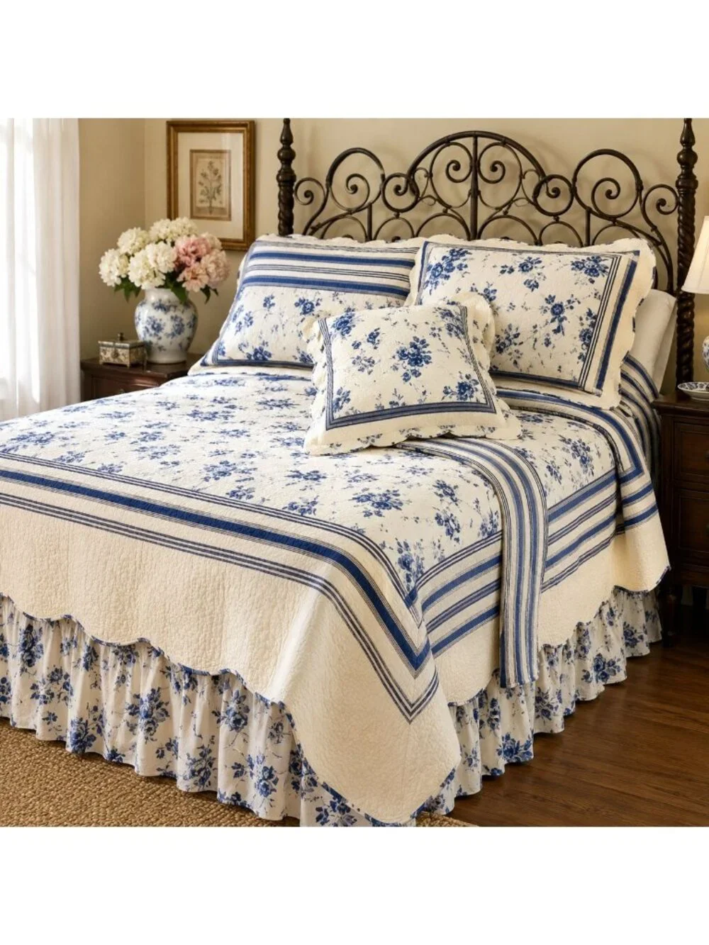 Isabella's Journey Linwood Blue Floral Quilted Bed-in-a-Bag 4 Piece King Size